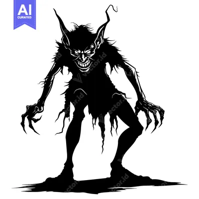 Aset desain premium: A menacing black silhouette of a goblin-like creature with sharp claws