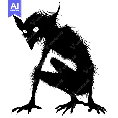 Aset desain premium: Black and White Silhouette of a Furry Creature with Claws and Large Ey