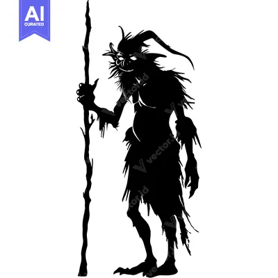 Aset premium populer: Black and White Silhouette of a Standing, Furry, Horned Creature Holdi