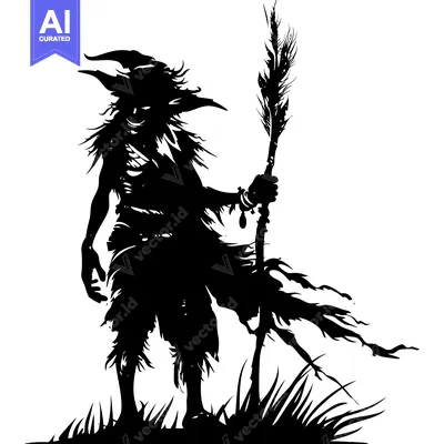 Aset desain premium: Silhouetted Witch Holding a Staff in a Field