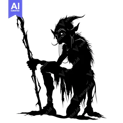 Popular premium asset: Black and White Silhouette of a Goblin-like Creature Holding a Staff