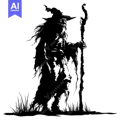 Popular premium asset: Silhouette of a Witch Holding a Staff in a Grassy Area