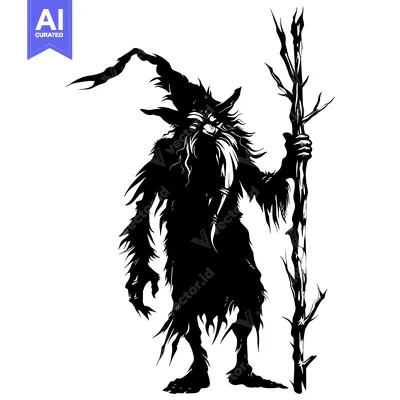 Premium design asset: Silhouette of a Furry, Cloaked, and Cladded Figure Holding a Branch