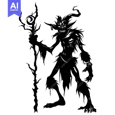 A Black and White Silhouette of a Goblin-Like Creature Holding a Staff