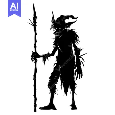 Premium design asset: Silhouette of a goblin-like creature with a staff