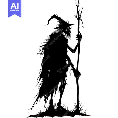 Aset desain premium: Silhouette of a Witch with a Tall Staff Standing in the Woods