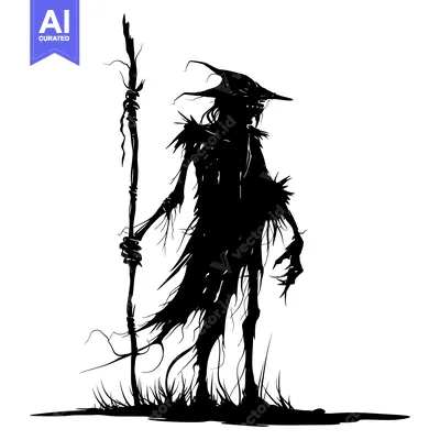 Aset desain premium: Silhouette of a Gnarled and Withered Creature Holding a Staff