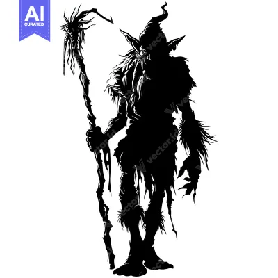 Premium design asset: Silhouette of a Goblin Holding a Staff
