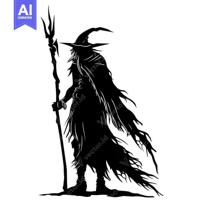 Aset premium populer: Silhouetted wizard holding a staff with a three-pronged tip