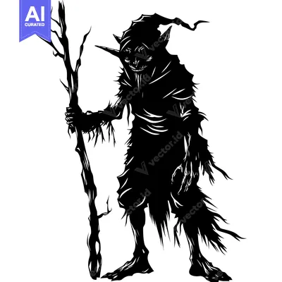 Aset desain premium: Silhouette of a Dark and Grotesque Goblin-like Creature Holding a Staf