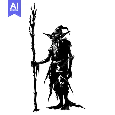 Silhouette of a Goblin-like Creature Holding a Staff