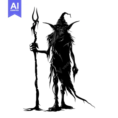 Silhouette of a Goblin-Like Creature with a Staff