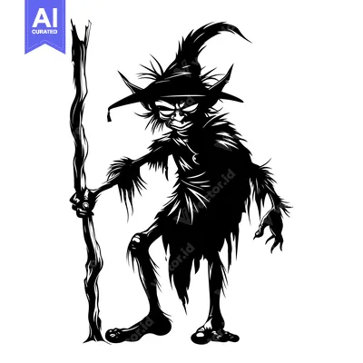 Aset desain premium: Black and White Illustration of a Wicked Goblin Holding a Branch
