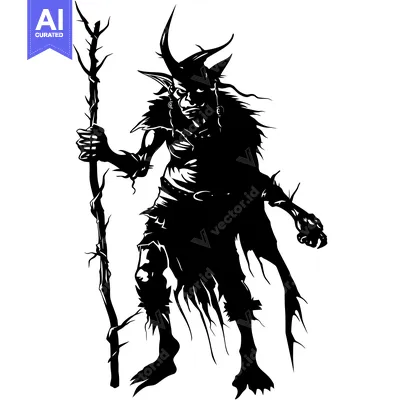 Premium design asset: Silhouette of a Goblin-like Creature Holding a Twisted Branch