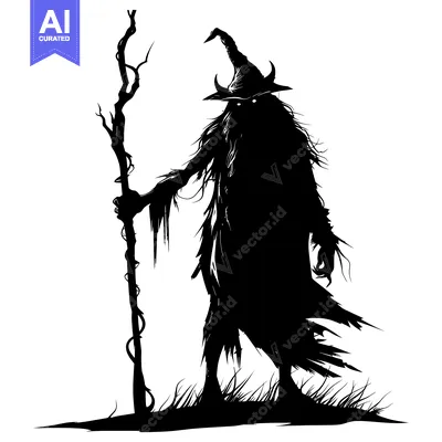 Premium design asset: Silhouette of a Witch-like Figure Holding a Staff