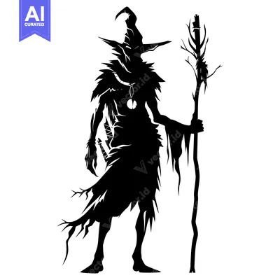 Premium design asset: Silhouette of a Witch Holding a Staff and Wearing a Pointed Hat