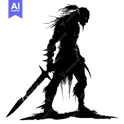 Aset premium populer: Silhouette of a Fantasy Warrior with Spiked Gauntlets Holding a Sword
