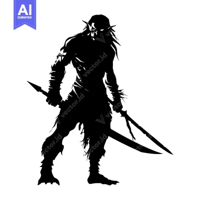 Aset desain premium: A black and white silhouette of a monstrous humanoid figure wielding a