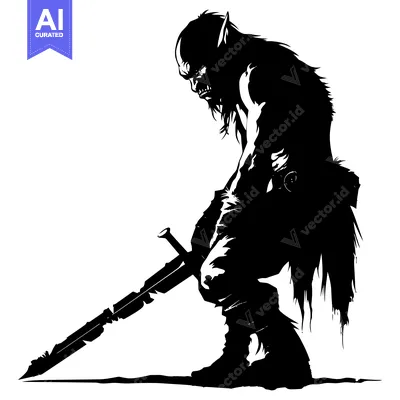 Silhouette of a hulking warrior with a sword and a fierce expression.