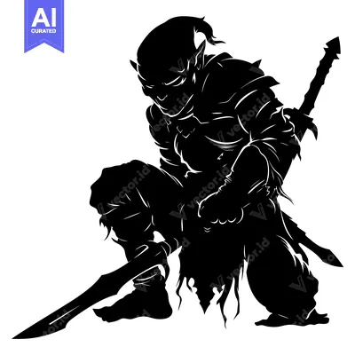 Popular premium asset: Silhouette of a Kneeling Elf Warrior Holding a Sword