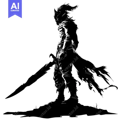 Aset desain premium: Silhouette of a Warrior with a Long Sword Standing on a Rocky Outcropp