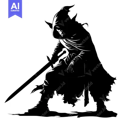 Aset desain premium: Silhouette of a hooded figure with a sword and a pointed hat