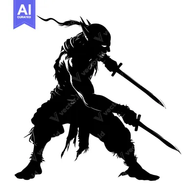 Aset desain premium: A Silhouetted Elf Warrior Holding Two Swords