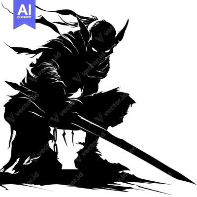 Aset premium populer: Silhouette of a Crouching Warrior with a Sword