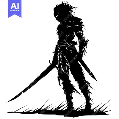 Aset desain premium: A Black and White Silhouette of a Warrior Holding a Sword