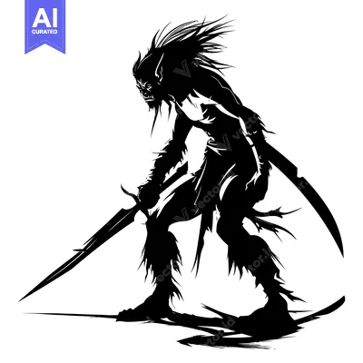 Aset desain premium: A Silhouette of a Dark,  Furry Creature Holding a Sword