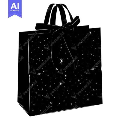 Aset desain premium: Black and White Gift Bag with Starry Pattern and Bow