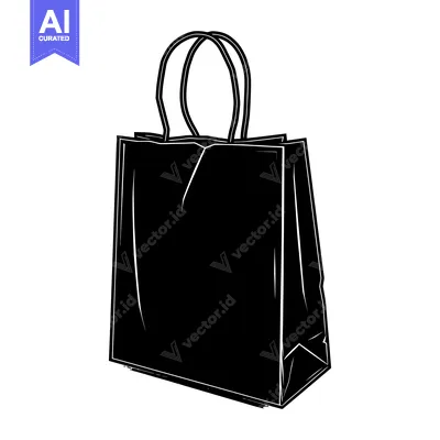 Aset desain premium: Black and White Illustration of a Paper Shopping Bag with Handles