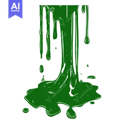 Green Slime Dripping and Spreading on White Background.