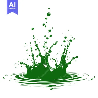 Aset desain premium: Green liquid splash crown shape with droplets.