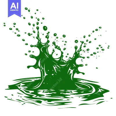 Green liquid splash with droplets and ripples.