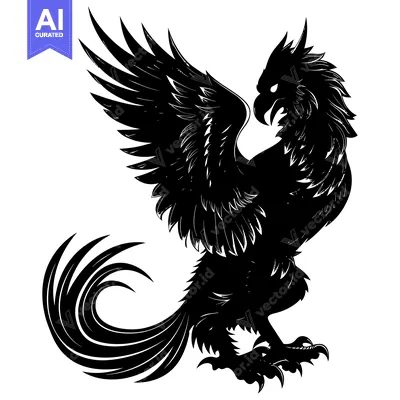 Aset desain premium: Black and White Silhouette of a Griffin with Spread Wings