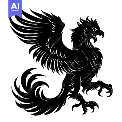 A Black and White Illustration of a Mythical Griffin with Wings Spread