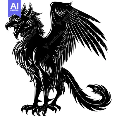 Aset desain premium: Black and White Illustration of a Stylized Griffin with Wings Spread