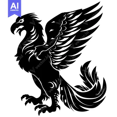Black and White Silhouette of a Stylized Griffin with Wings Spread