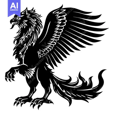 Aset premium populer: A Black and White Illustration of a Griffin with Spread Wings
