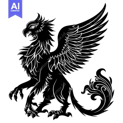 Aset premium populer: A Black and White Illustration of a Mythical Griffin with Spread Wings