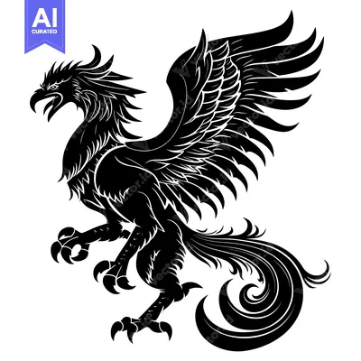 Premium design asset: Black and white stylized illustration of a griffin