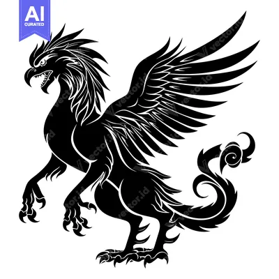 Black and White Stylized Illustration of a Griffin with Spread Wings