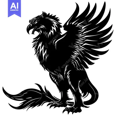 A Black and White Illustration of a Griffin with Spread Wings
