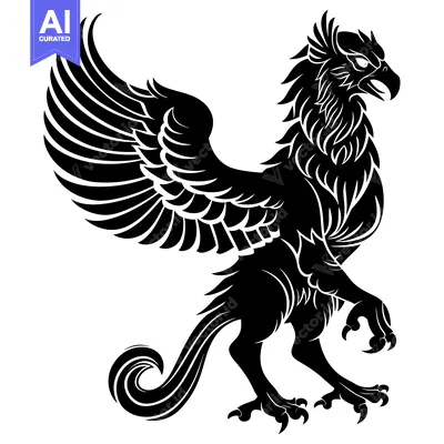 Aset premium populer: Black and white stylized illustration of a griffin with outstretched w