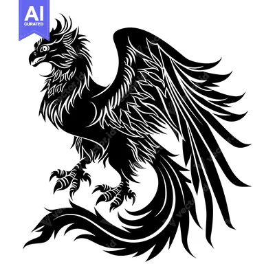 Aset desain premium: Stylized Black and White Silhouette of a Griffin with Spread Wings and