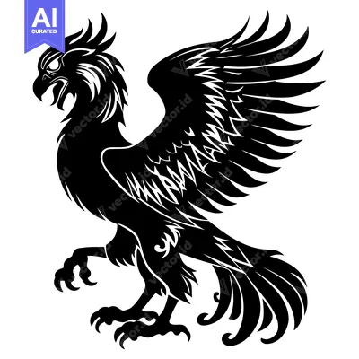 Aset premium populer: Black and White Stylized Illustration of a Griffin with Spread Wings