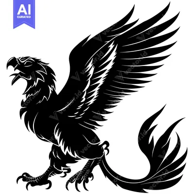 Aset desain premium: A Black and White Illustration of a Griffin with Spread Wings