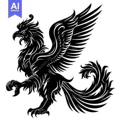 Aset desain premium: Black and White Illustration of a Stylized Griffin with Spread Wings