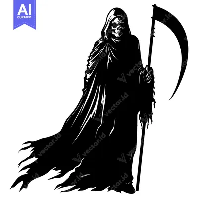 Aset desain premium: Grim Reaper Silhouette with Scythe and Flowing Robe
